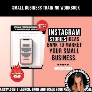 Könnte beinhalten: Ein Trainingsarbeitsbuch für kleine Unternehmen mit Marketingideen für Instagram Stories. Das Dokument enthält ein rotes 181,000+ sales Abzeichen, ein rotes October 2026 version Abzeichen und den Text Instagram Stories Ideas Bank to Market Your Small Business.