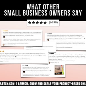 以下が含まれることがあります： WHAT OTHER SMALL BUSINESS OWNERS SAYというタイトルのグラフィック表示で、6790件のレビューによる5つ星評価が示されています。中央には複数の白い長方形の顧客の声が重なっており、下部にはUPSTRIDER.ETSY.COMというテキストが記載されています。