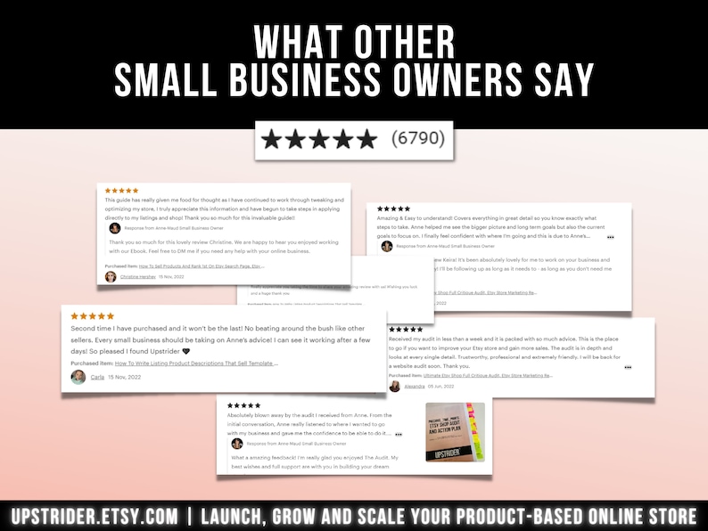 以下が含まれることがあります： WHAT OTHER SMALL BUSINESS OWNERS SAYというタイトルのグラフィック表示で、6790件のレビューによる5つ星評価が示されています。中央には複数の白い長方形の顧客の声が重なっており、下部にはUPSTRIDER.ETSY.COMというテキストが記載されています。