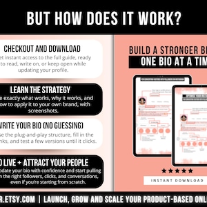 May include: An infographic titled BUT HOW DOES IT WORK? detailing a four-step process for building a brand bio. It features black and white text boxes, numbered steps, and two tablet screens displaying digital guide pages. Bottom text reads UPSTRIDER.ETSY.COM.