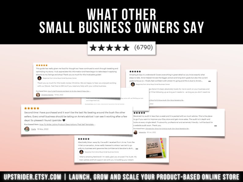 Pu&ograve; includere: Una grafica intitolata WHAT OTHER SMALL BUSINESS OWNERS SAY che mostra una valutazione a cinque stelle con 6790 recensioni. Diverse schede rettangolari bianche di recensioni dei clienti sono sovrapposte, mostrando stelle e testimonianze.