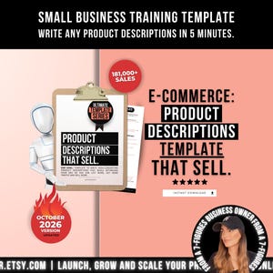 May include: A digital training template for e-commerce product descriptions featuring a clipboard with the text Product Descriptions That Sell, a white mannequin figure, a red 181,000+ sales badge, and a red October 2026 version badge.