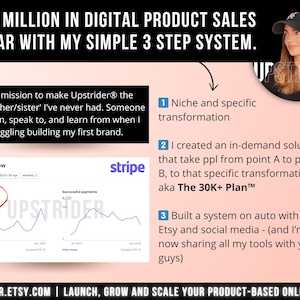 May include: An infographic titled &pound;1.6 Million in Digital Product Sales So Far With My Simple 3 Step System. It features a Stripe dashboard showing &pound;793,779.17 in gross volume, a text box explaining the Upstrider mission, and a three-step business plan.