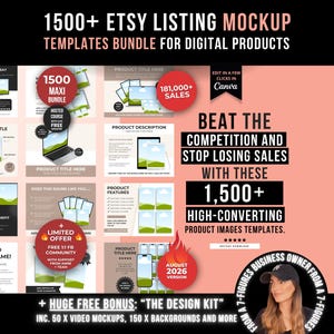 Könnte beinhalten: Ein digitales Produktpaket mit über 1500 Etsy-Listing-Mockup-Vorlagen. Die Grafik enthält Textüberlagerungen wie 1500+ Etsy Listing Mockup Templates Bundle, 181,000+ Sales und Beat the Competition and Stop Losing Sales with these 1500+ High-Converting Product Images Templates.
