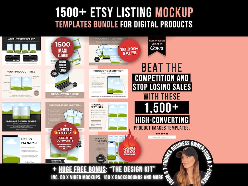 May include: A digital product bundle featuring over 1500 Etsy listing mockup templates. The graphic includes text overlays such as 1500+ Etsy Listing Mockup Templates Bundle, 181,000+ Sales, and Beat the Competition and Stop Losing Sales with these 1500+ High-Converting Product Images Templates.