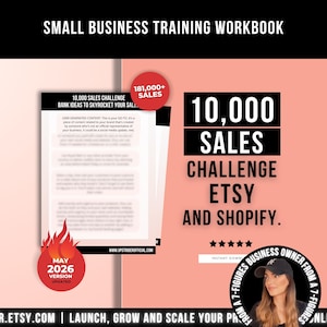 Könnte beinhalten: Ein Arbeitsbuch mit dem Titel "Small Business Training Workbook" mit dem Text "10.000 Sales Challenge Etsy and Shopify". Das Cover ist pfirsichfarben mit schwarzem Text und einer Grafik einer Frau. Enthält den Text "181.000+ Verkäufe" und "Mai 2026 Version aktualisiert."