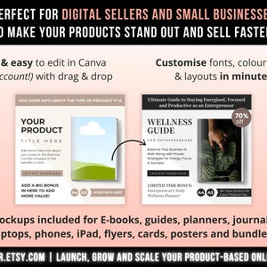 May include: A digital marketing template set for e-commerce featuring two square layouts. The left shows a product placeholder with text fields for a title and description. The right displays a wellness guide cover with a 70% off badge.