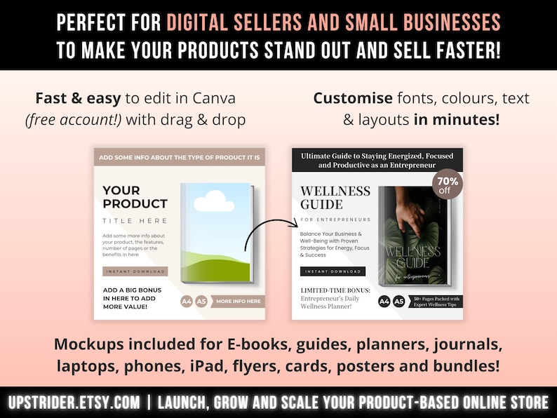 May include: A digital marketing template set for e-commerce featuring two square layouts. The left shows a product placeholder with text fields for a title and description. The right displays a wellness guide cover with a 70% off badge.