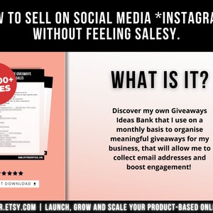 以下が含まれることがあります： How to Sell on Social Media Instagram Without Feeling Salesyというタイトルのデジタル文書。84,000+ Salesと書かれた赤い円、プレゼント企画のアイデアリスト、メールアドレス収集のためのアイデアバンクを説明するテキストが含まれています。