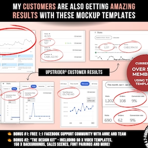 May include: A digital graphic display showing various e-commerce analytics dashboards with red circles highlighting data points. Text includes "MY CUSTOMERS ARE ALSO GETTING AMAZING RESULTS WITH THESE MOCKUP TEMPLATES" and "UPSTRIDER CUSTOMER RESULTS".