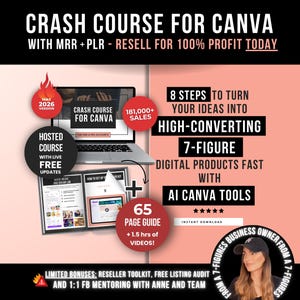 May include: Promotional image for a digital course titled "Crash Course for Canva." The image features a laptop displaying the course content, along with a guide and tablet. Text highlights key features, including "8 Steps," "7-Figure Digital Products," and "AI Canva Tools."