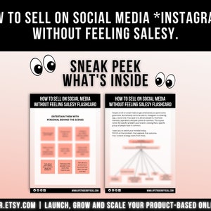 Pu&ograve; includere: Una guida educativa digitale intitolata How to Sell on Social Media Instagram Without Feeling Salesy. La grafica mostra due pagine bianche con testo nero, riquadri color pesca e occhi da cartone animato, fornendo strategie di social media marketing.