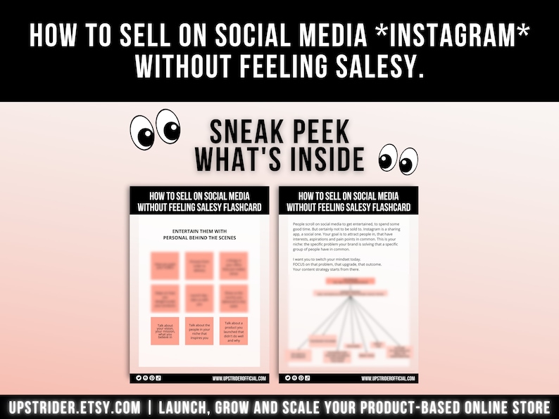 Pu&ograve; includere: Una guida educativa digitale intitolata How to Sell on Social Media Instagram Without Feeling Salesy. La grafica mostra due pagine bianche con testo nero, riquadri color pesca e occhi da cartone animato, fornendo strategie di social media marketing.