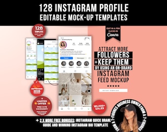 128 Instagram Profile Editable Feed MockUp Templates, Canva Instagram Templates for Reel & Posts, Social Media Feed Planner MockUp Templates
