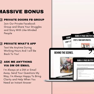 Puede incluir: Un gr&aacute;fico digital sobre un fondo rosa claro con el texto MASSIVE BONUS, PRIVATE DOORS FB GROUP, PRIVATE WHAT'S APP y ASK ME ANYTHING VIA DM OR EMAIL. Un port&aacute;til y una tableta muestran capturas de pantalla con el texto RANK #1 PAGE ON ETSY SEARCH.