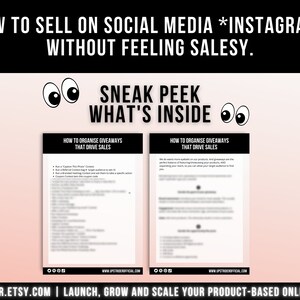 以下が含まれることがあります： HOW TO SELL ON SOCIAL MEDIA *INSTAGRAM* WITHOUT FEELING SALESYというタイトルのデジタルガイド。SNEAK PEEK WHAT'S INSIDEセクションには、HOW TO ORGANISE GIVEAWAYS THAT DRIVE SALESというタイトルの2ページがあり、箇条書きとテキストが含まれています。