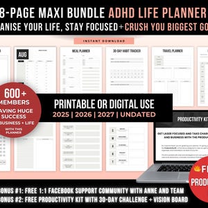 Peut inclure: Un ensemble de 888 pages de planificateur de vie TDAH avec des mod&egrave;les imprimables ou num&eacute;riques pour 2025, 2026, 2027 et non dat&eacute;s. Comprend des planificateurs quotidiens, de repas, de voyage, de suivi d'habitudes et un kit de productivit&eacute;.