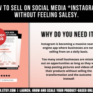 Pu&ograve; includere: Una guida educativa digitale intitolata How to Sell on Social Media Instagram Without Feeling Salesy. Presenta un badge circolare rosso con la scritta 84,000+ Sales, una valutazione a cinque stelle e un testo che spiega perch&eacute; le aziende ne hanno bisogno.