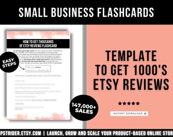 Hoe je duizenden Etsy-recensies kunt krijgen Flashcard voor kleine bedrijven, Verkopen op Etsy, Vereenvoudigde handleiding voor verkopen op Etsy, Hoe je kunt verkopen op Etsy Flashcard