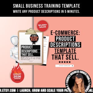 May include: A digital product template for small business training featuring a clipboard with the text Product Descriptions That Sell, a white mannequin figure, and a red badge stating 181,000+ Sales. The graphic includes text about writing descriptions in 5 minutes.