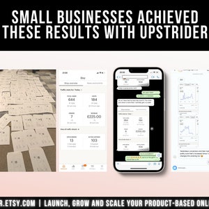 以下が含まれることがあります： SMALL BUSINESSES ACHIEVED THESE RESULTS WITH UPSTRIDERというテキストが記載されたグラフィック。白い配送用封筒のコレクション、トラフィック統計が表示されたEtsyショップのダッシュボード、モバイルチャットインターフェース、およびパフォーマンスグラフが表示されています。