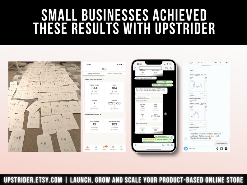 以下が含まれることがあります： SMALL BUSINESSES ACHIEVED THESE RESULTS WITH UPSTRIDERというテキストが記載されたグラフィック。白い配送用封筒のコレクション、トラフィック統計が表示されたEtsyショップのダッシュボード、モバイルチャットインターフェース、およびパフォーマンスグラフが表示されています。