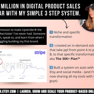 Peut inclure: Une infographie intitul&eacute;e &pound;1.5 MILLION IN DIGITAL PRODUCT SALES SO FAR WITH MY SIMPLE 3 STEP SYSTEM. Elle pr&eacute;sente un tableau de bord Stripe affichant &pound;793,779.17 de volume brut, un portrait circulaire d'une personne en casquette et trois &eacute;tapes.