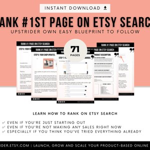 Puede incluir: Una gu&iacute;a digital titulada Rank #1st Page on Etsy Search, que contiene 71 p&aacute;ginas de instrucciones. El documento incluye secciones sobre actualizaciones de tienda, estrategias de palabras clave y descripciones de productos sobre un fondo color melocot&oacute;n.