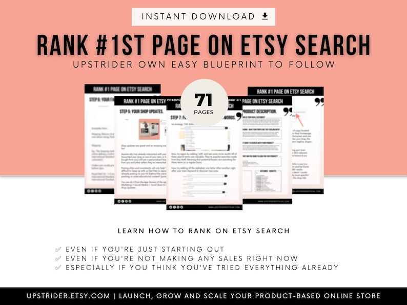 Puede incluir: Una gu&iacute;a digital titulada Rank #1st Page on Etsy Search, que contiene 71 p&aacute;ginas de instrucciones. El documento incluye secciones sobre actualizaciones de tienda, estrategias de palabras clave y descripciones de productos sobre un fondo color melocot&oacute;n.