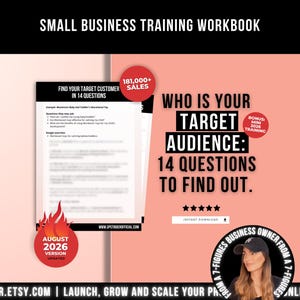 May include: A digital small business training workbook featuring the text WHO IS YOUR TARGET AUDIENCE: 14 QUESTIONS TO FIND OUT. The document includes a page titled FIND YOUR TARGET CUSTOMER IN 14 QUESTIONS, red circular badges, and a five-star rating.