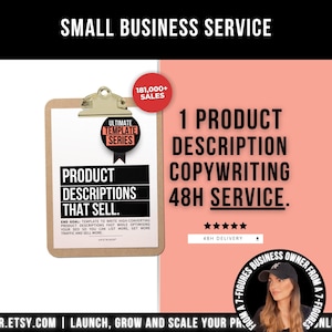 Könnte beinhalten: Werbebild für einen Kleinunternehmer-Service. Es zeigt einen Klemmbrett mit dem Text "Product Descriptions That Sell". Zusätzlicher Text lautet "1 Product Description Copywriting 48H Service". Eine Frau ist unten rechts abgebildet.