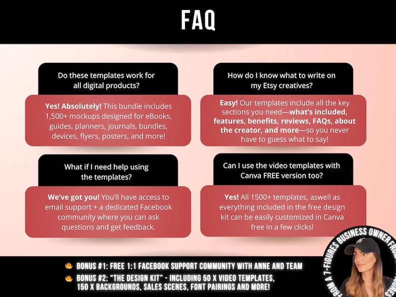 May include: An FAQ graphic with a light pink background featuring four black and red text boxes. The text addresses digital product templates, Etsy creative content, support options, and Canva compatibility. Bonus sections list a support community and design kit.