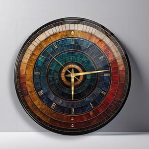 May include: A circular wall clock featuring a multi-layered design with concentric rings in shades of amber, teal, and deep red. The face displays Roman numerals and thin gold-colored hands, all encased within a smooth, dark circular frame.