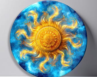 Golden Sun Mandala Glass Wall Art, Celestial Circular Decor, Mystical Sun Print