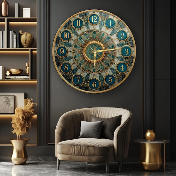 Tempered Glass Wall Clock, Teal Gold Peacock Mandala Print, Ornate Round Decor