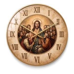 May include: A round wall clock with a gold-toned frame and a beige marble-patterned face. The dial features raised gold Roman numerals and a central circular illustration depicting a group of figures surrounding a central male figure.