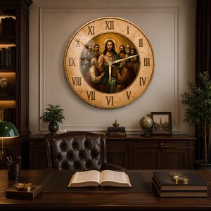 Last Supper Jesus Glass Clock, Roman Numeral Religious Wall Decor (4mm Tempered Glass)