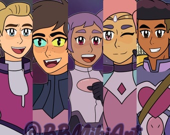 Pode incluir: Cinco personagens de desenho animado com diferentes penteados e tons de pele são mostrados contra um fundo estrelado roxo e preto. Os personagens usam roupas coloridas e têm expressões amigáveis. O texto "@BBMikiArt" está na parte inferior da imagem.
