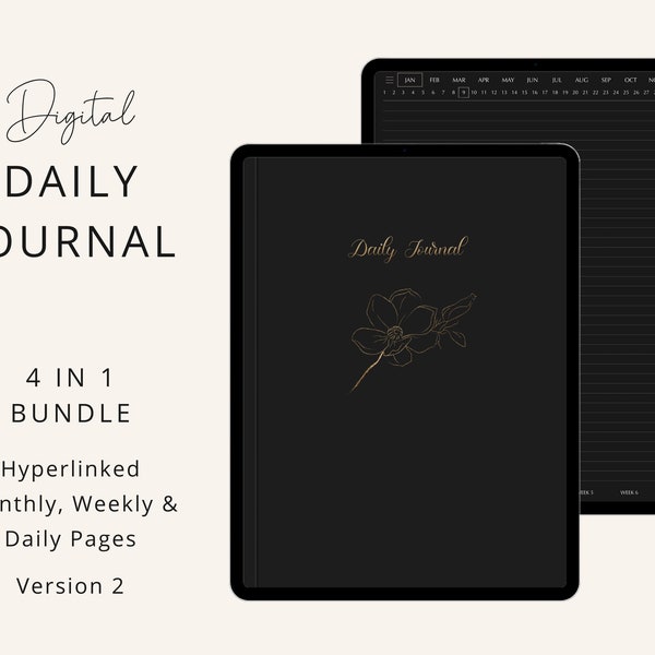 Digital Daily Journal, Dark Mode, 365 Hyperlinked Daily Pages, Weekly Monthly Journal, Goodnotes, Notability, Noteshelf, Digital Stickers