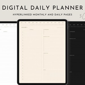 Op de afbeelding: Digitale dagelijkse planner met hyperlinks naar maandelijkse en dagelijkse pagina's. De planner is verkrijgbaar in drie kleuren: wit, crème en zwart.
