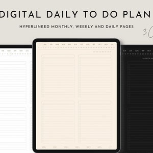 Puede incluir: Tres tabletas digitales que muestran un "DIGITAL DAILY TO DO PLAN" con "HYPERLINKED MONTHLY, WEEKLY AND DAILY PAGES". Las tabletas son blancas, beige y negras. También se ve el texto "3 Colors".
