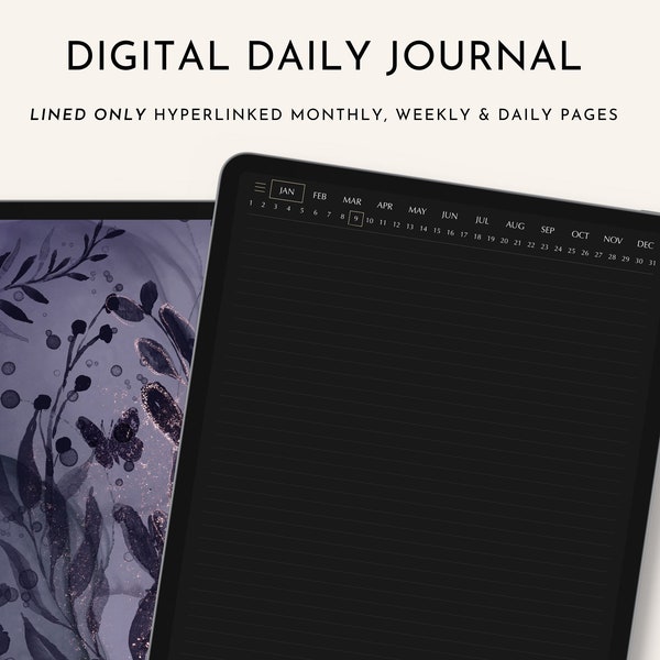 Daily Journal Digital Dark Mode, Lined Journals, 365 Hyperlinked Daily Pages, Weekly Monthly Journal, Goodnotes, Noteshelf, Digital Stickers