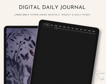 Daily Journal Digital Dark Mode, Lined Journals, 365 Hyperlinked Daily Pages, Weekly Monthly Journal, Goodnotes, Noteshelf, Digital Stickers
