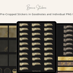 May include: A digital planner with 95 pre-cropped stickers for Goodnotes and individual PNG files. The stickers are in a gold and black color scheme with a variety of designs, including text, leaves, and geometric shapes. The text on the stickers includes words like "School", "Work", "Home", "Appointments", "Meetings", "Reminders", "Important", "Priorities", "The Progress", "To Do", "To Buy", "To Email", "Morning Routine", "Evening Routine", "Self Care", "Meditation", "Schedule", "Day Off", "Relaxation", "Inspiration", "Prayer", "Sunday", "Monday", "Tuesday", "Wednesday", "Thursday", "Friday", and "Saturday".