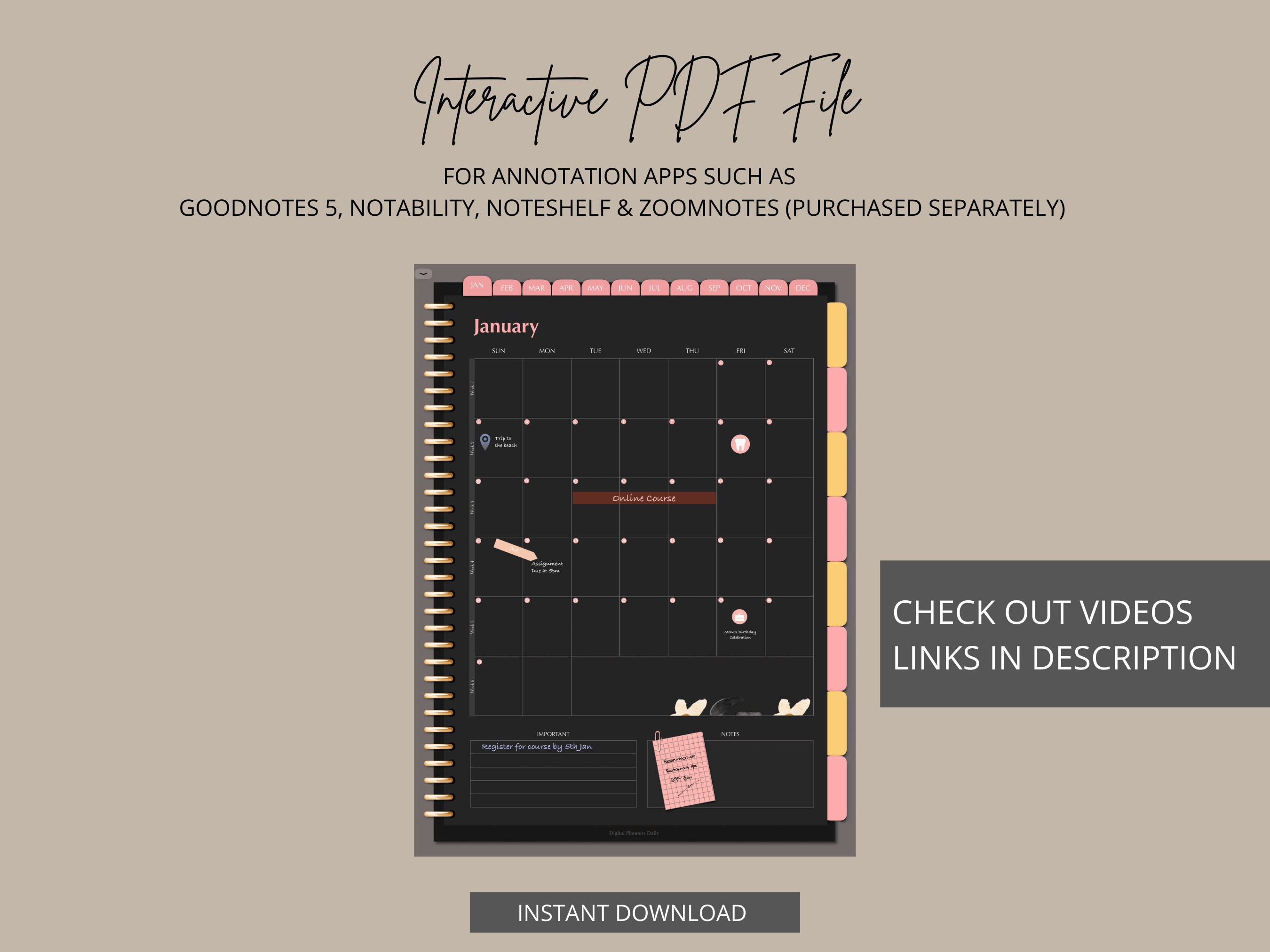 Undated Digital Planner Portrait Dark Mode Blackout Sunday and Monday ...