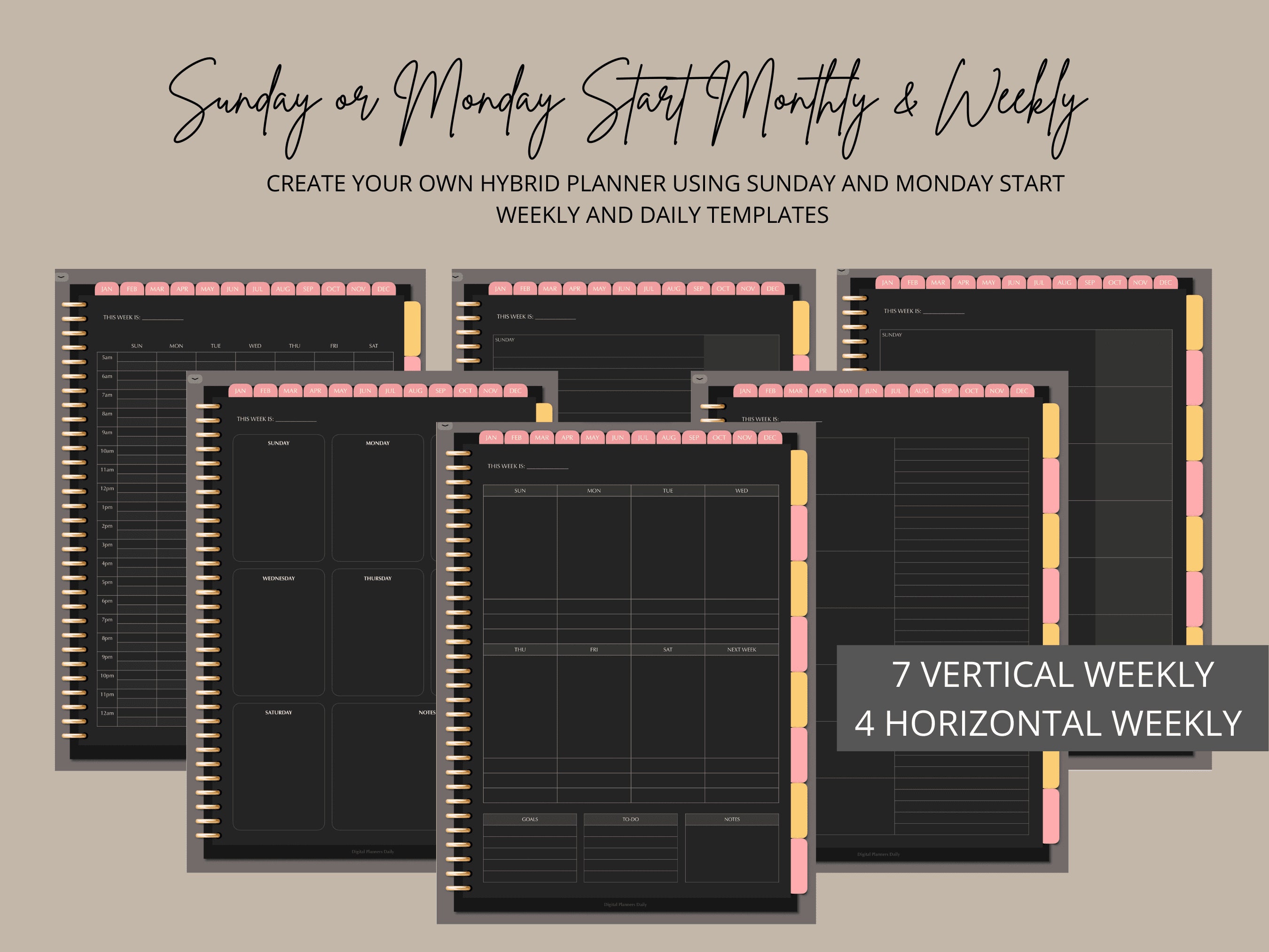 Undated Digital Planner Portrait Dark Mode Blackout Sunday and Monday ...