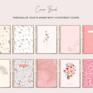 Puede incluir: Un conjunto de 14 cubiertas de agenda diferentes que presentan varios dise&ntilde;os, incluidos patrones florales, formas abstractas y colores s&oacute;lidos. Las cubiertas son todas rosas y blancas con detalles dorados. El texto "Personaliza tu agenda con 14 cubiertas diferentes" est&aacute; incluido.
