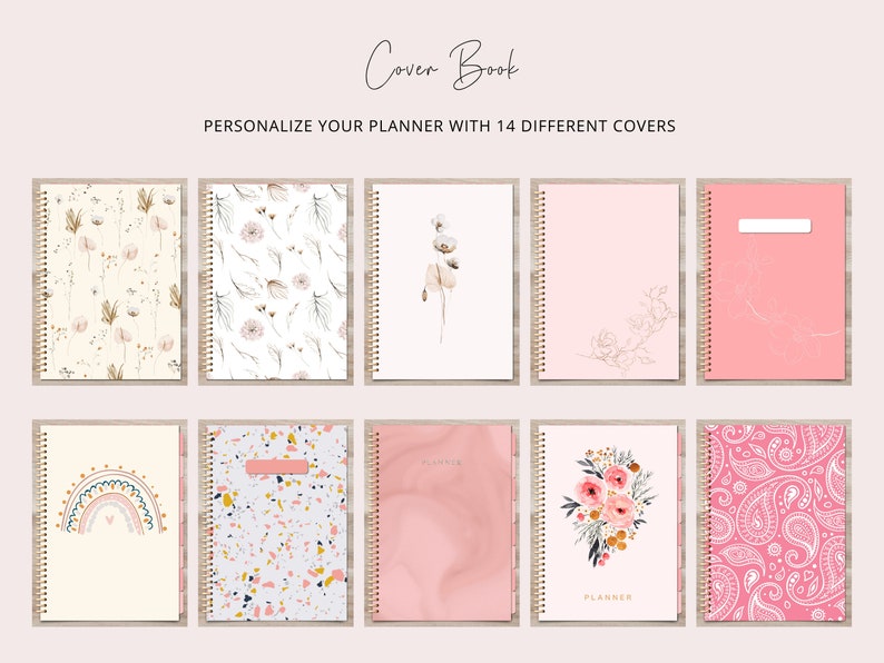 Puede incluir: Un conjunto de 14 cubiertas de agenda diferentes que presentan varios dise&ntilde;os, incluidos patrones florales, formas abstractas y colores s&oacute;lidos. Las cubiertas son todas rosas y blancas con detalles dorados. El texto "Personaliza tu agenda con 14 cubiertas diferentes" est&aacute; incluido.