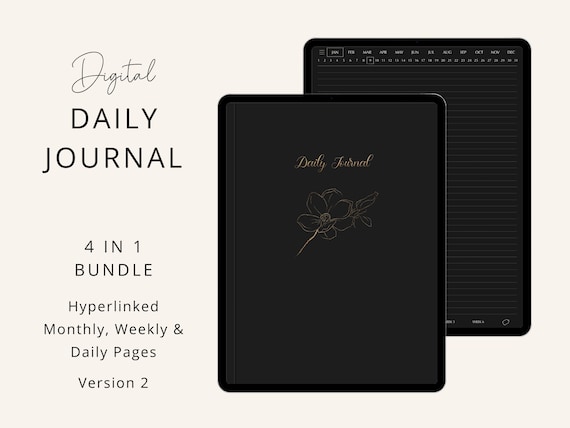Digital Daily Journal, Dark Mode, 365 Hyperlinked Daily Pages, Weekly Monthly Journal, Goodnotes, Notability, Noteshelf, Digital Stickers