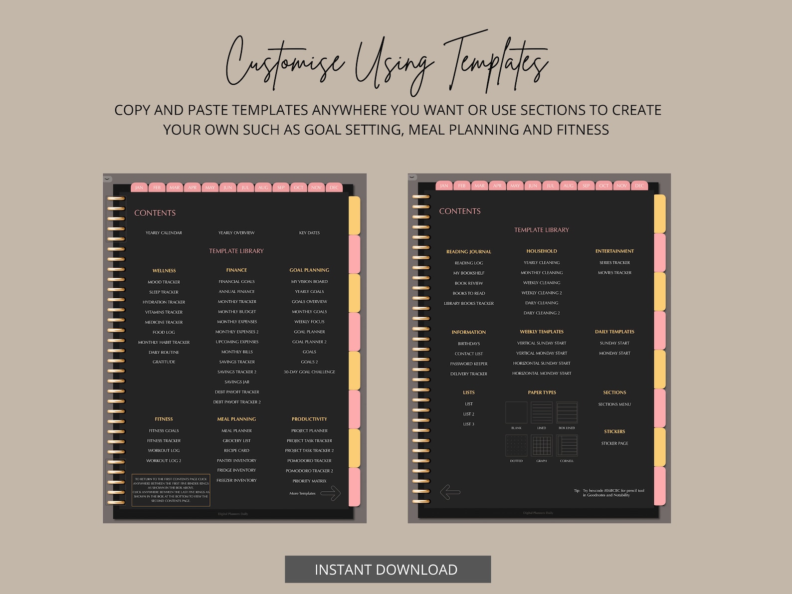Undated Digital Planner Portrait Dark Mode Blackout Sunday and Monday ...